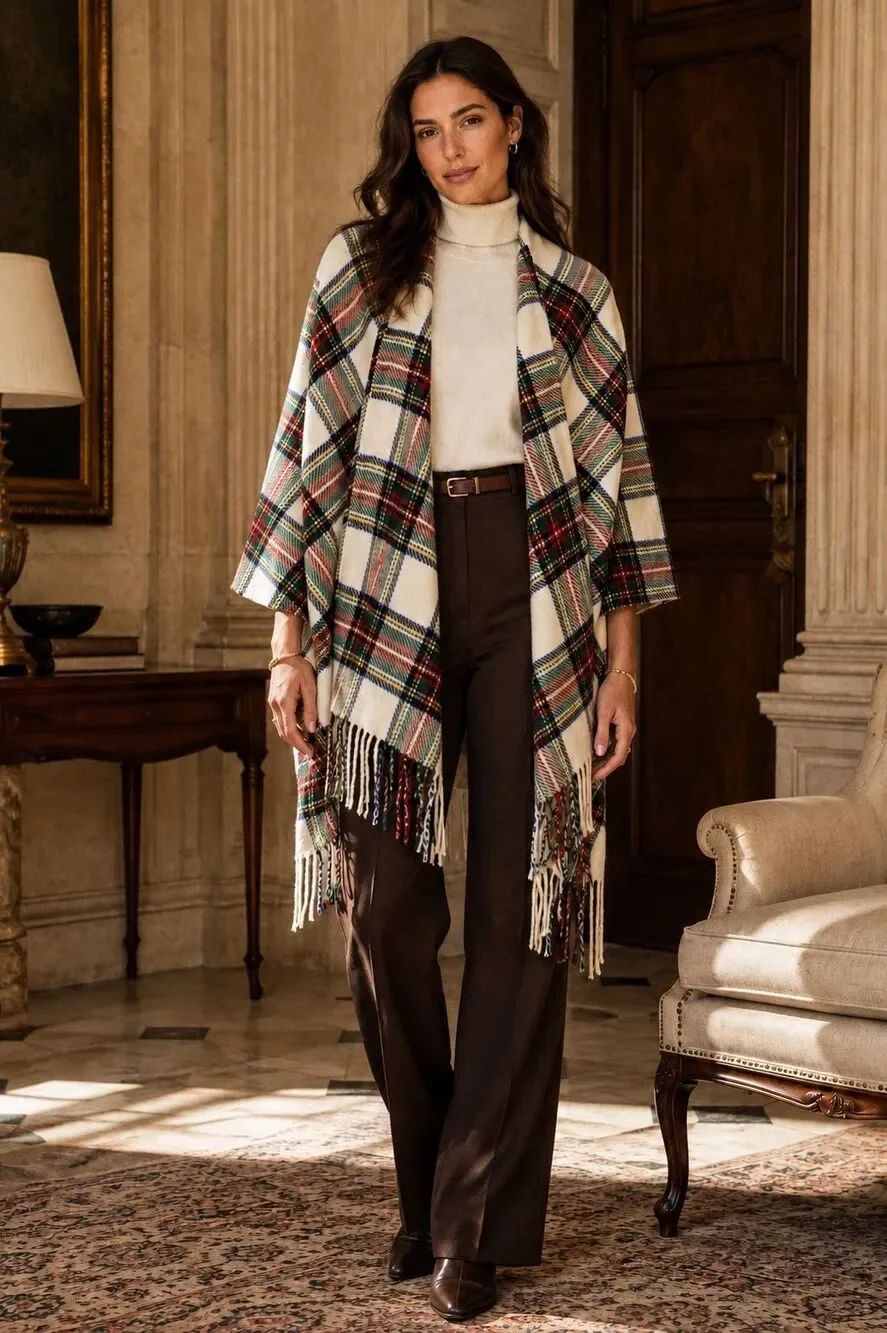 NWOT  Ralph Lauren Lambswool Tartan Plaid Fringe Shawl Cape Wrap, $395